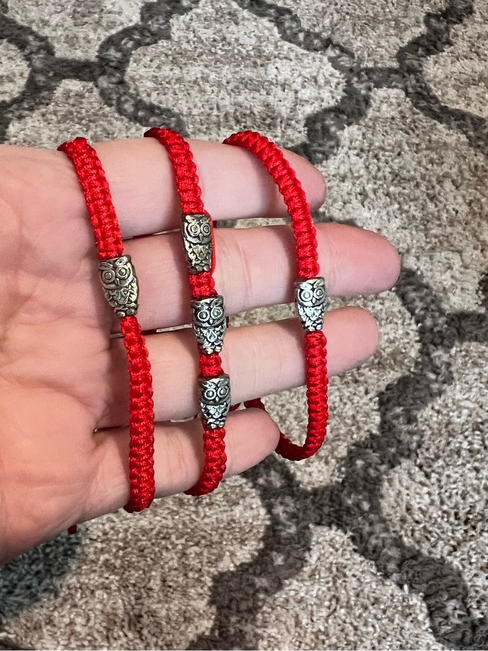 NEW Set of 3 Silver Owl Bracelets Red Cord Stainless Steel Adjustable